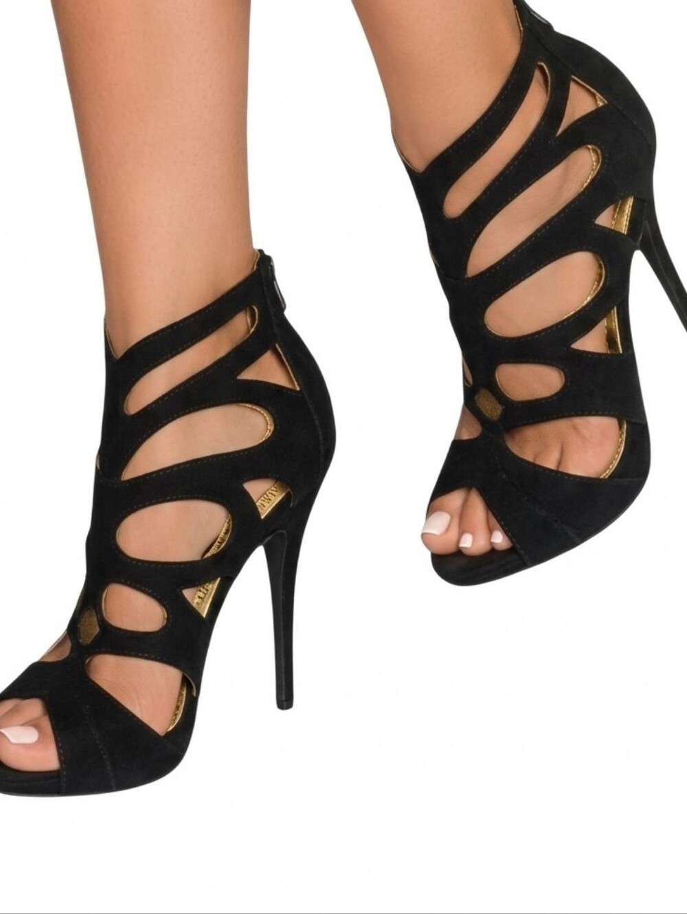 NIB Liliana Black Faux Suede Caged Cutout Platform Stiletto Heels Gold Metallic